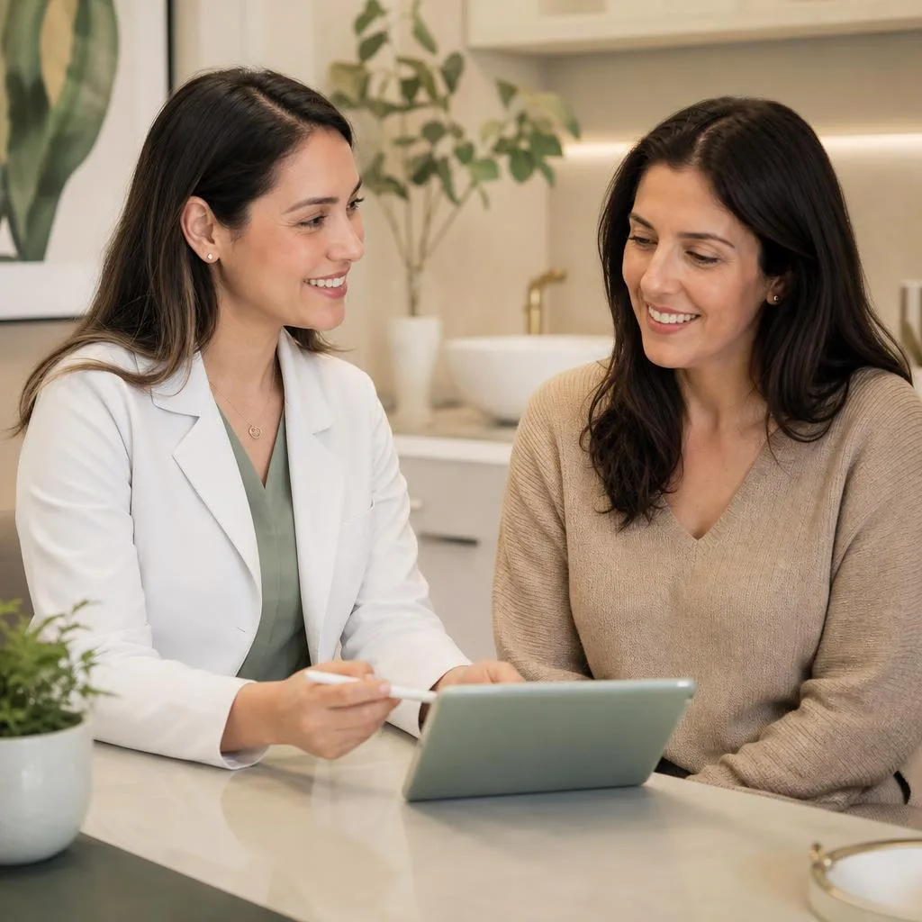 Dentista e paciente observam juntas um tablet durante uma conversa no consultório.