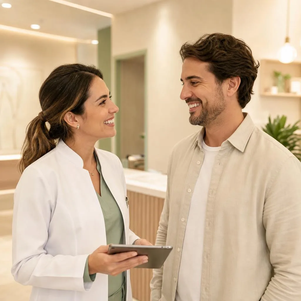 Dentista conversa com um paciente enquanto segura um tablet em um consultório odontológico.